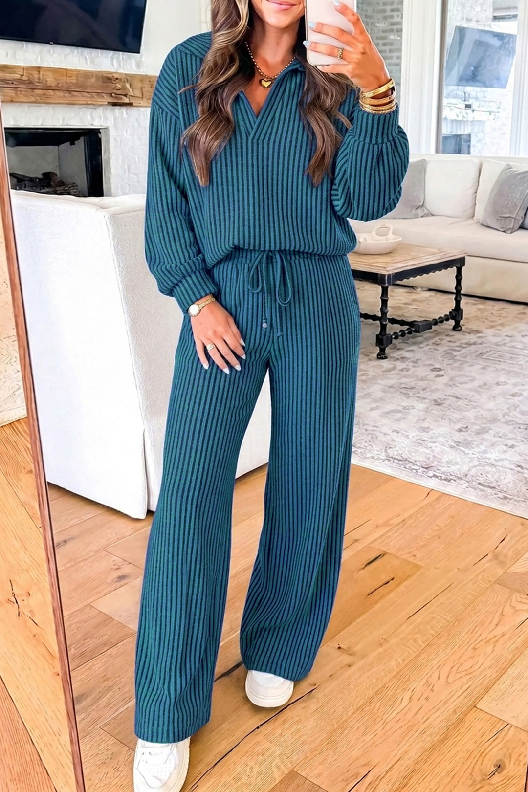 Sky Blue Ribbed Knit Collar V Neck Pullover Drawstring Waist Pants 2pcs Set