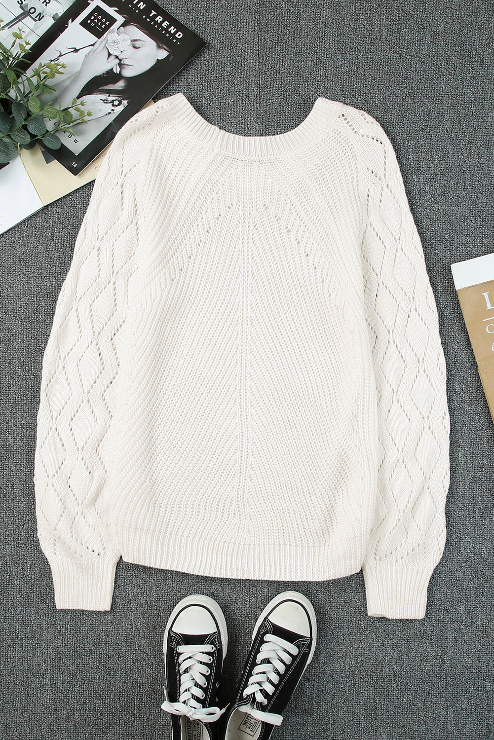 White Hollow-out Puffy Sleeve Knit Sweater