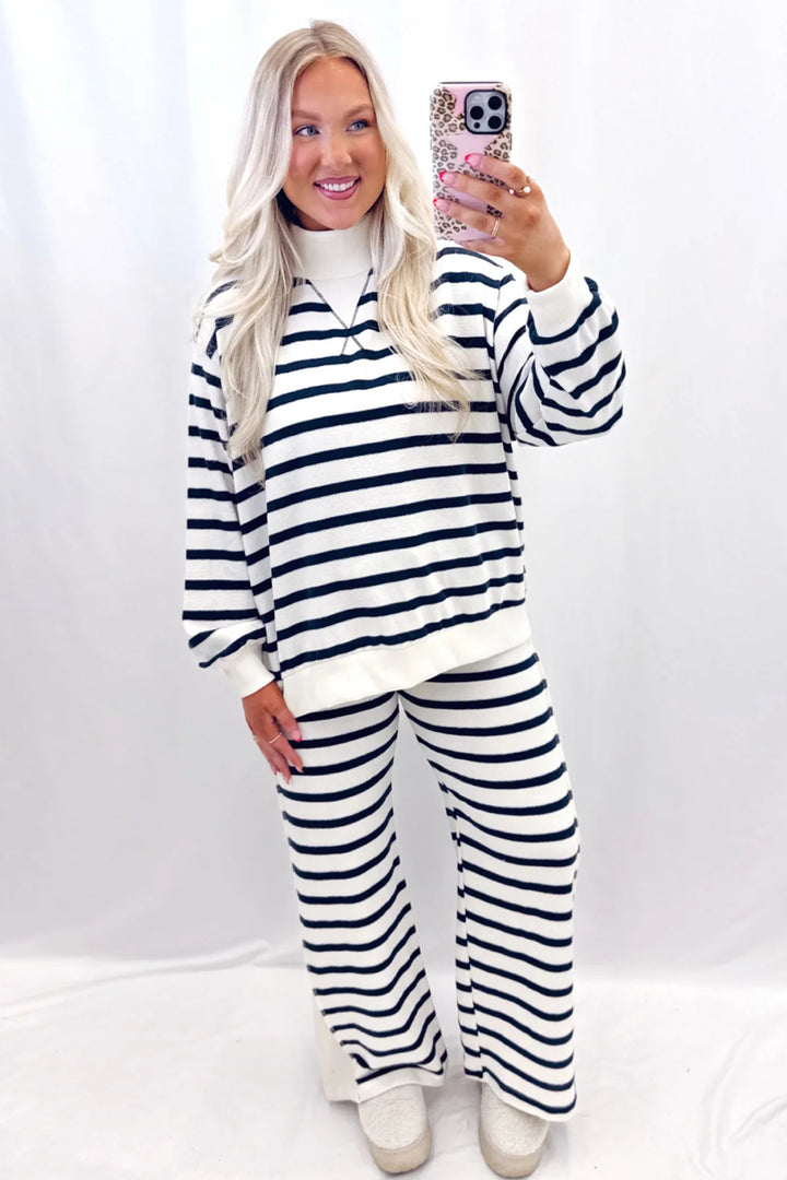 Blue Stripe Striped Ribbed Cuff Collar Pocket Loose Pant Set