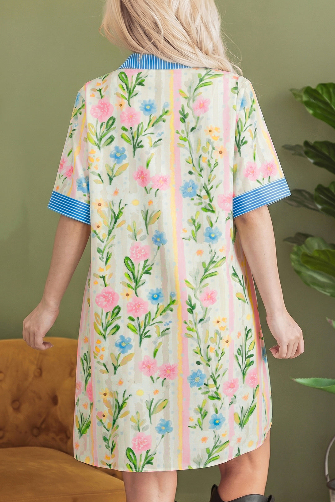 Multicolour Floral Print Striped Trim Button Down Shift Dress