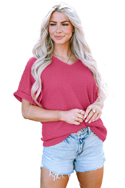 Bright Pink Textured Rolled Sleeve V Neck Tee