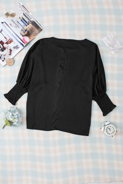 Black Shirred Dolman Sleeve Satin Blouse