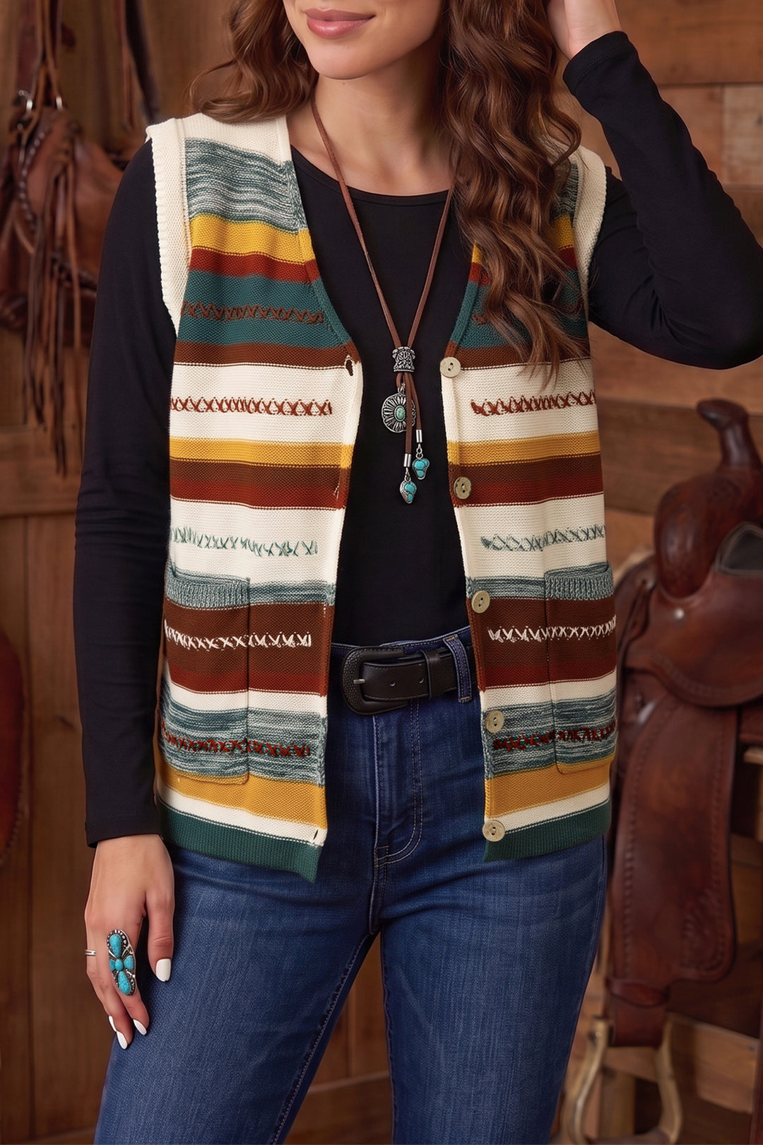 Multicolour Striped Button Front Sleeveless Knit Regular Fit Sweater Vest