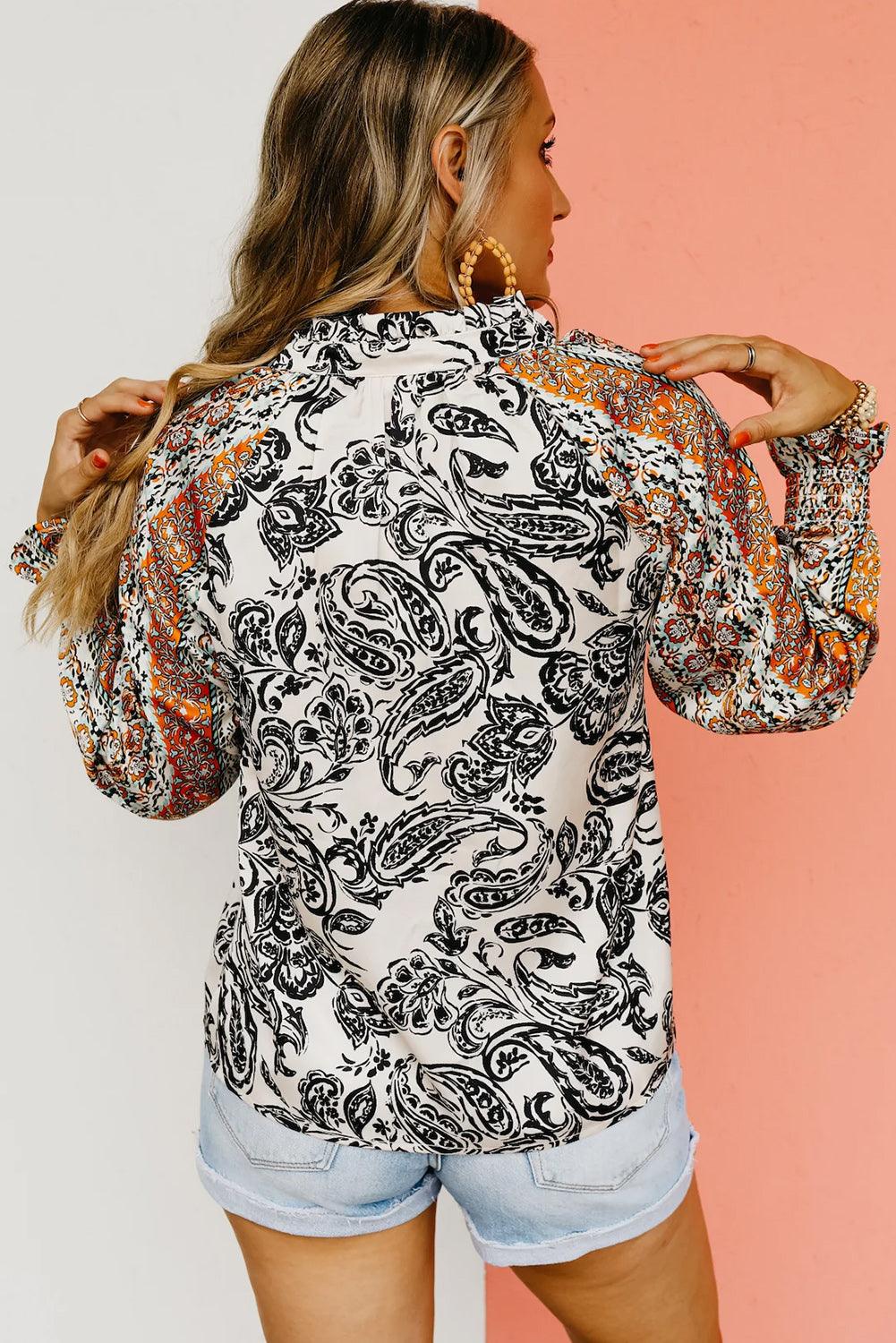 Bright White Abstract Print Flounce Sleeve Tasseled V Neck Blouse