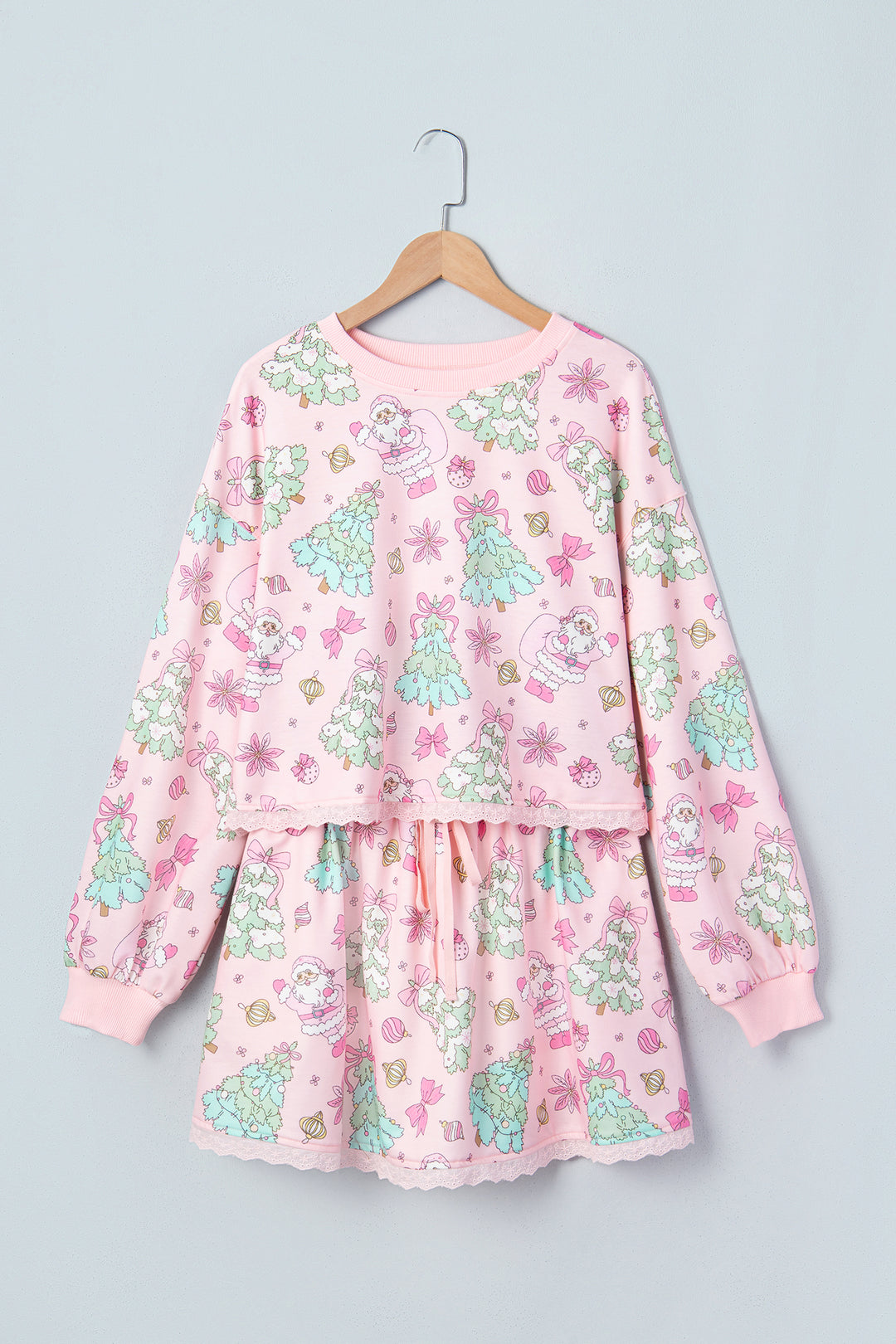 Pink Floral Print Lace Trim Long Sleeve Skirt Set