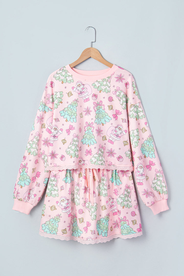 Pink Floral Print Lace Trim Long Sleeve Skirt Set