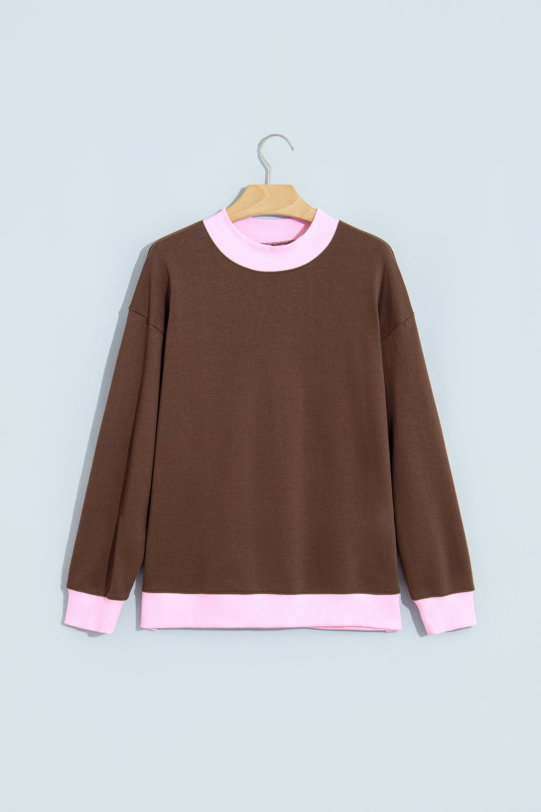 Pink Colorblock Trim Crewneck Long Sleeve Pullover Sweatshirt