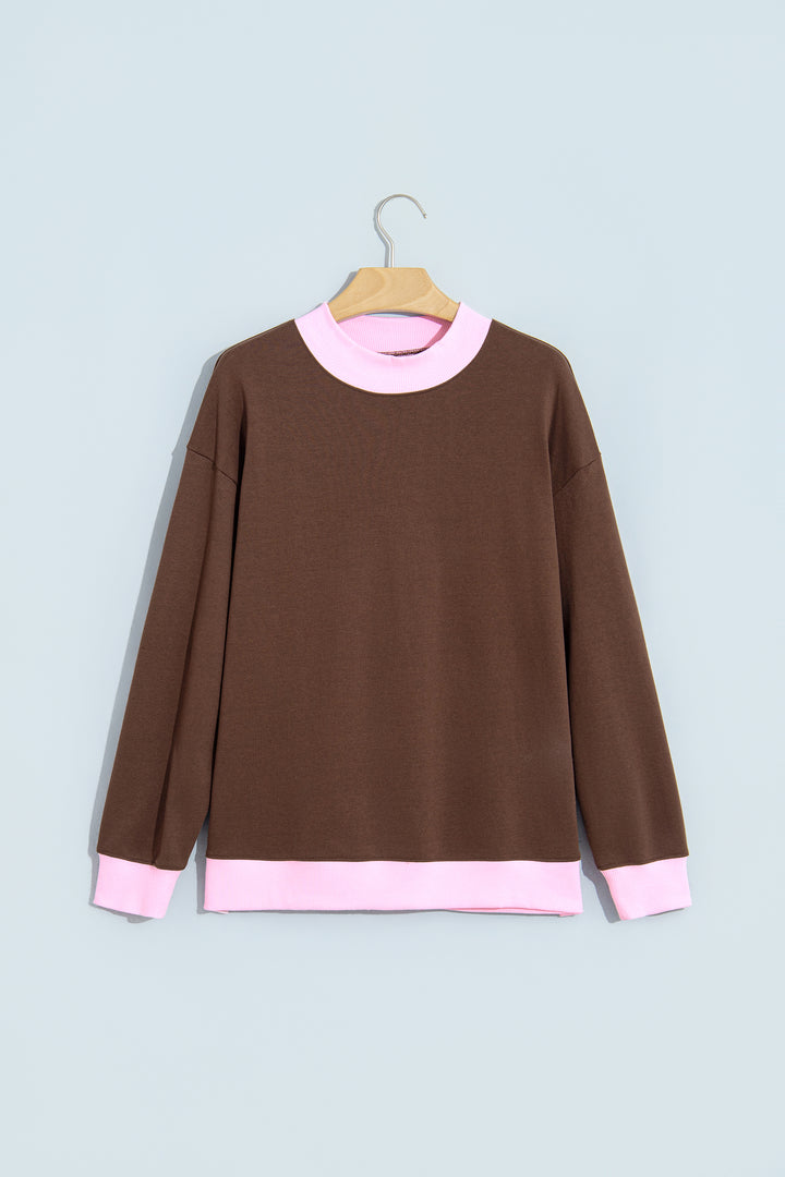 Pink Colorblock Trim Crewneck Long Sleeve Pullover Sweatshirt