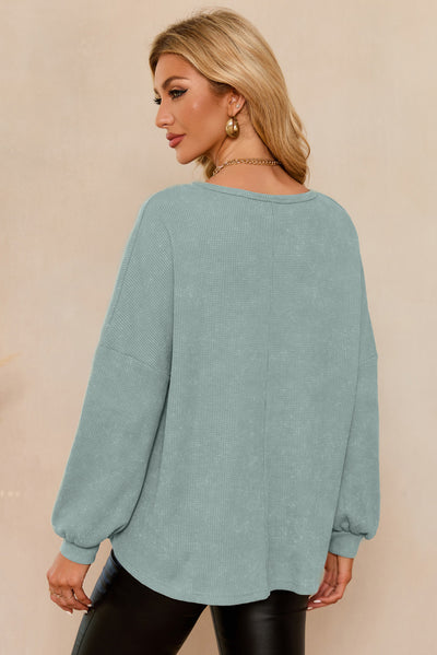 Green Waffle Knit V Neck Long Sleeve Loose Tunic Top