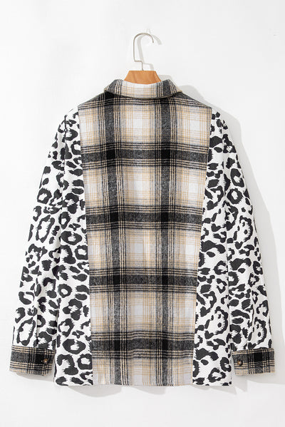 Black Plus Size Plaid Leopard Printed Patchwork Button Up Shacket