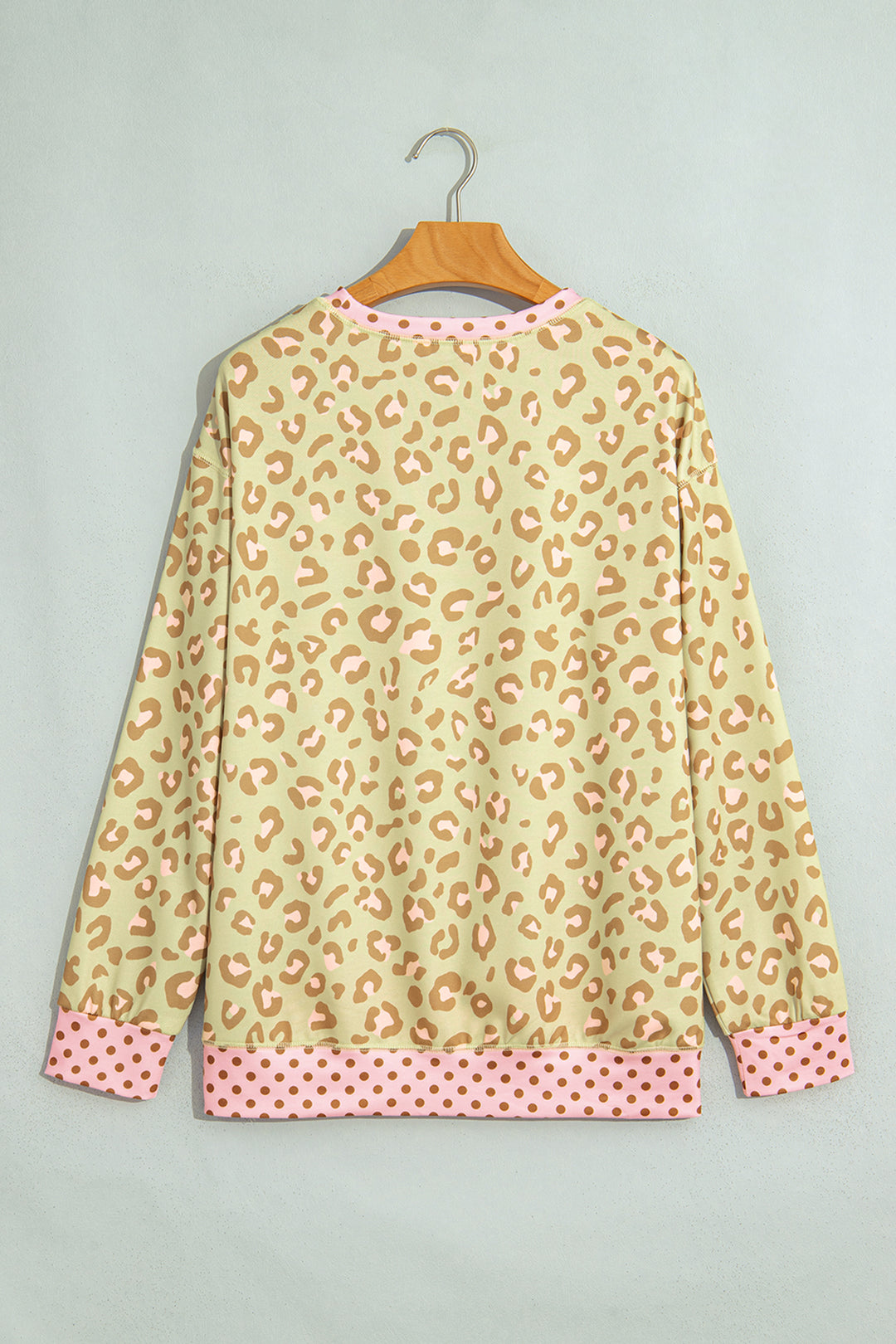 Khaki Leopard Polka Dot Colorblock Trim Long Sleeve Top