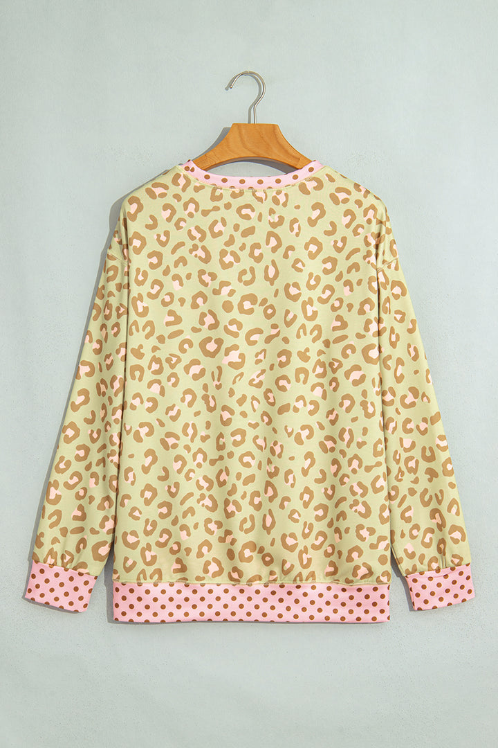 Khaki Leopard Polka Dot Colorblock Trim Long Sleeve Top