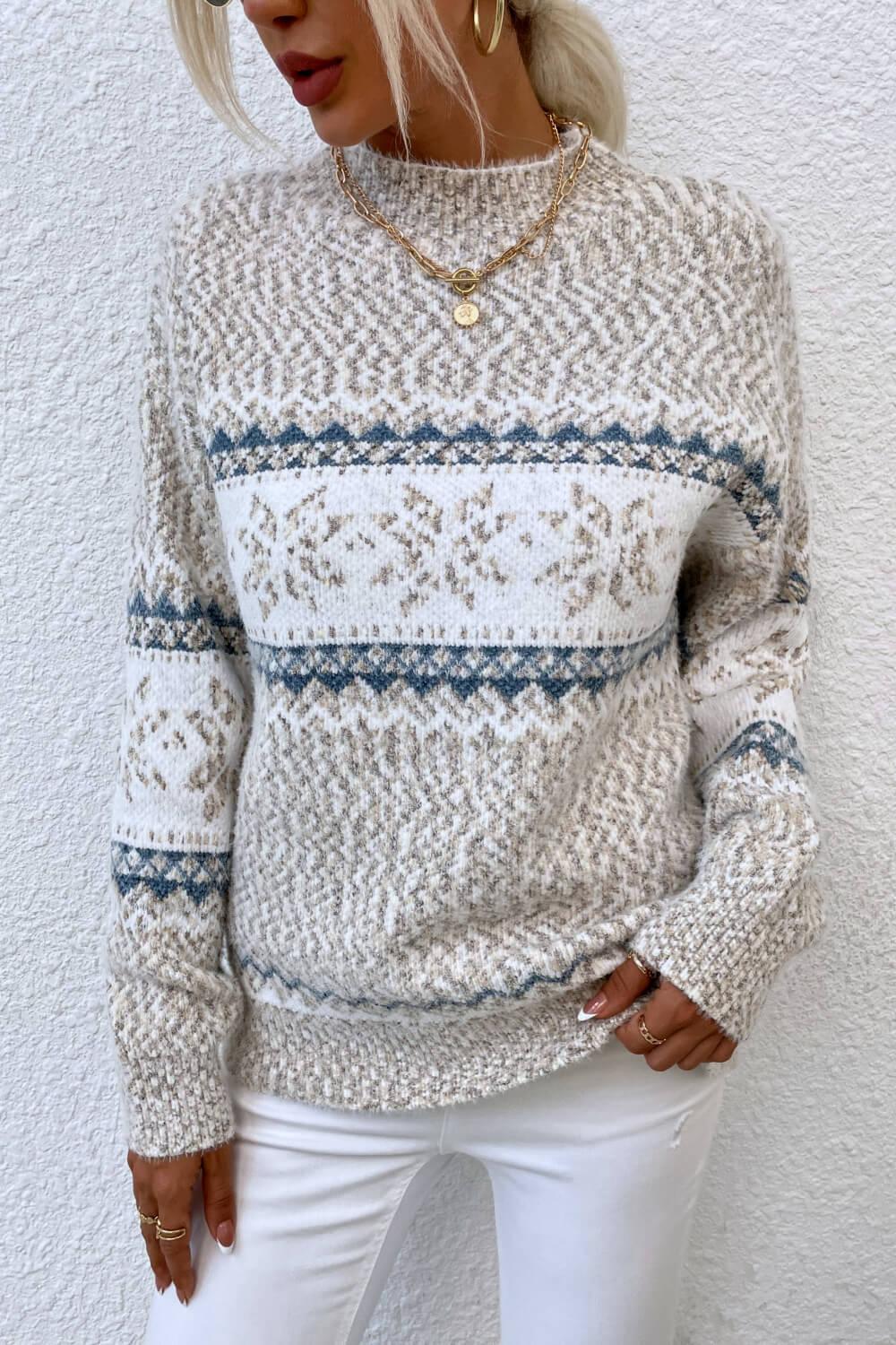 Snowflake Pattern Mock Neck Sweater