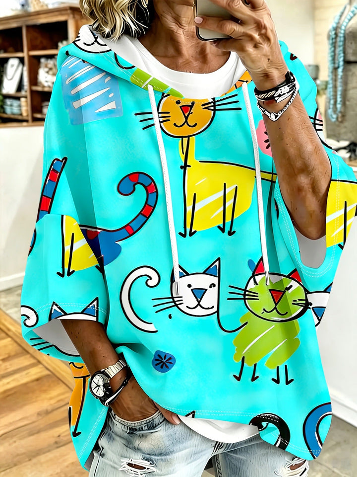 Cartoon Cat Print Hoodie with 3/4 Sleeves &amp; Drawstring