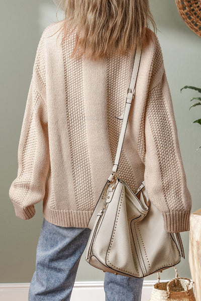 Pale Khaki Solid Color Cable Knit Ribbed Loose Sweater