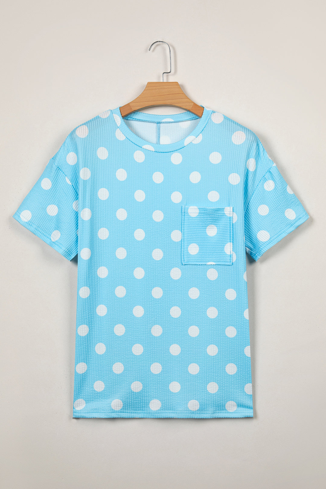 Pink Polka Dot Round Neck Drop Shoulder Patch Pocket Jacquard Texture Top