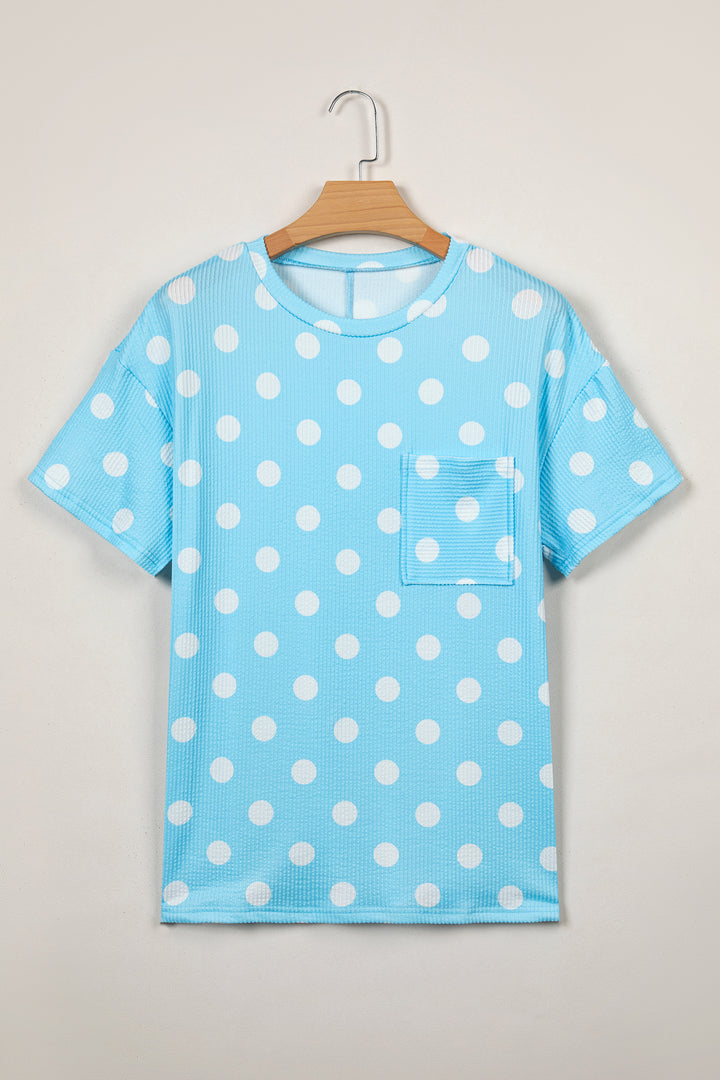Pink Polka Dot Round Neck Drop Shoulder Patch Pocket Jacquard Texture Top