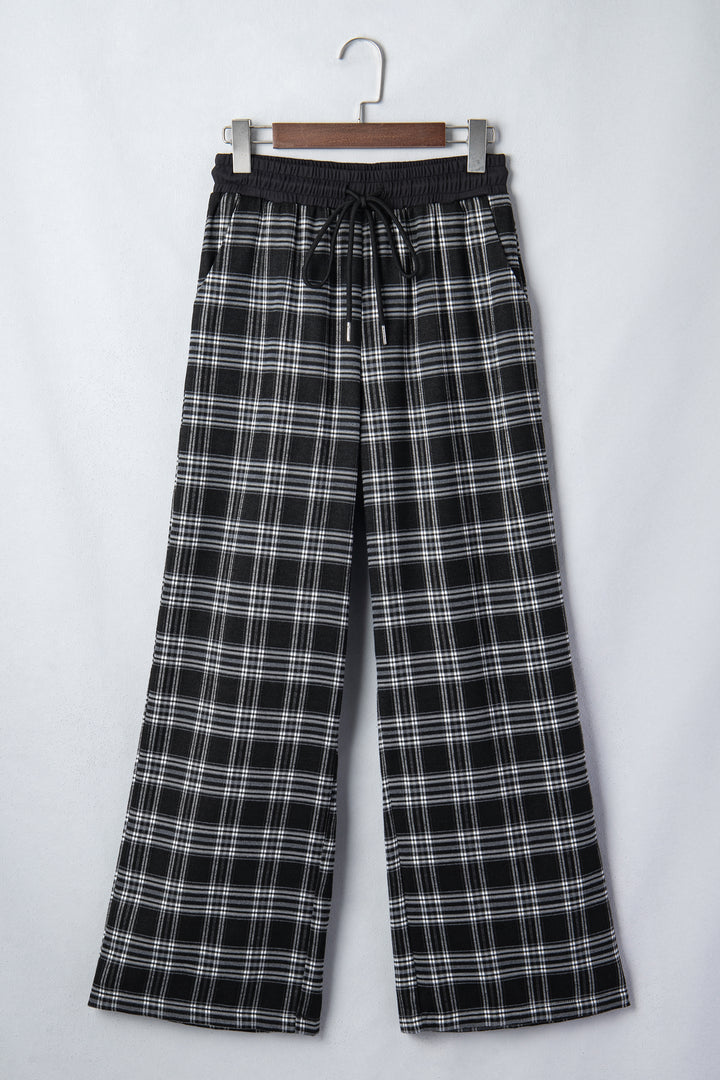 Black Frenchy Plaid Pattern Contrast Drawstring Waist Wide Leg Pants
