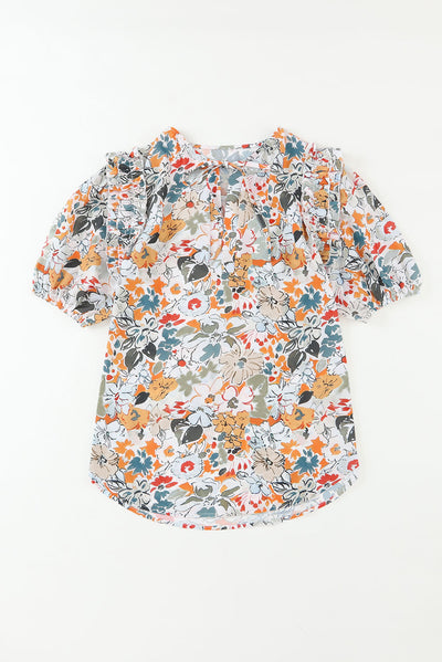 Multicolor Split V Neck Puff Sleeve Flower Print Blouse