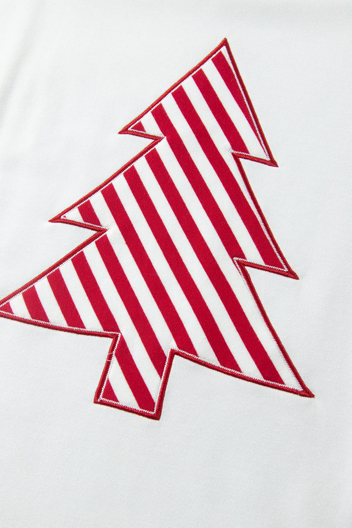 White Striped Contrast Christmas Tree Patchwork Puff Sleeve Top