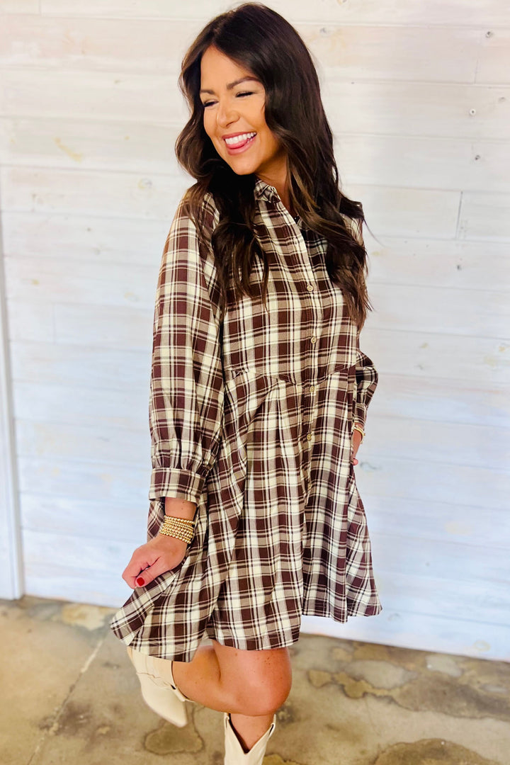 Brown Plaid Long Sleeve Short Shift Mini Dress