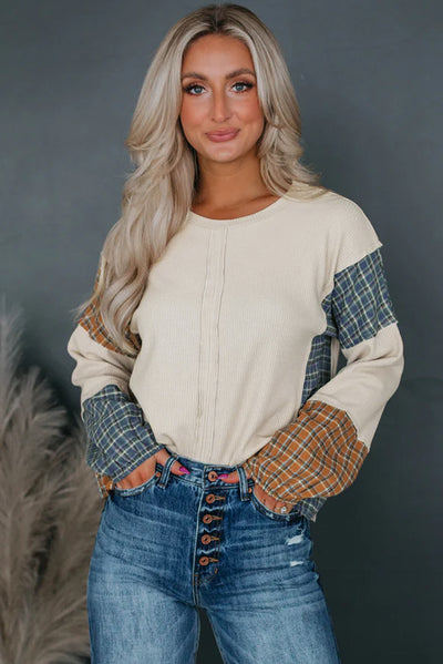 Smoke Gray Plaid Patchwork Raw Seam Long Sleeve Top