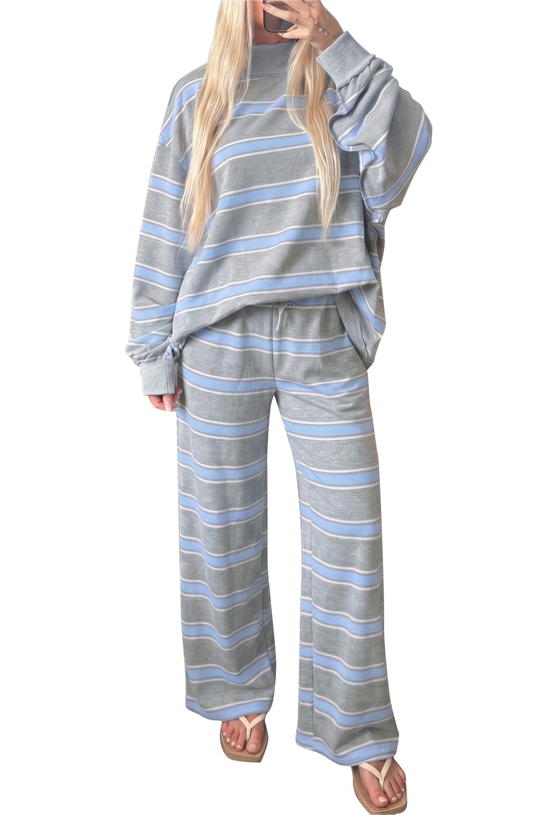 Pink Stripe Mock Neck Long Sleeve Pullover Top and Loose Pants Set