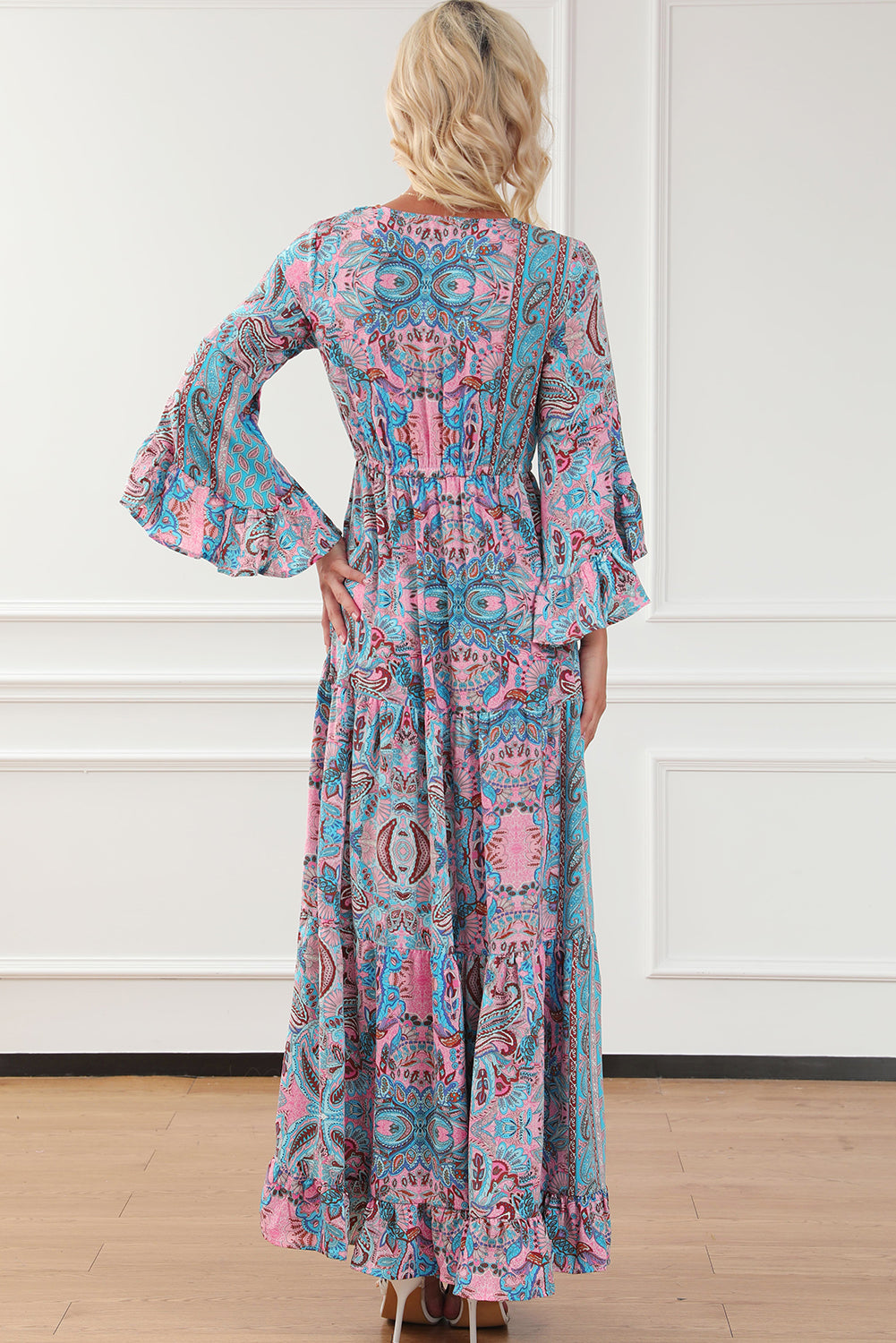 Paisley Printed Ruffle Trim Elegant Maxi Dress