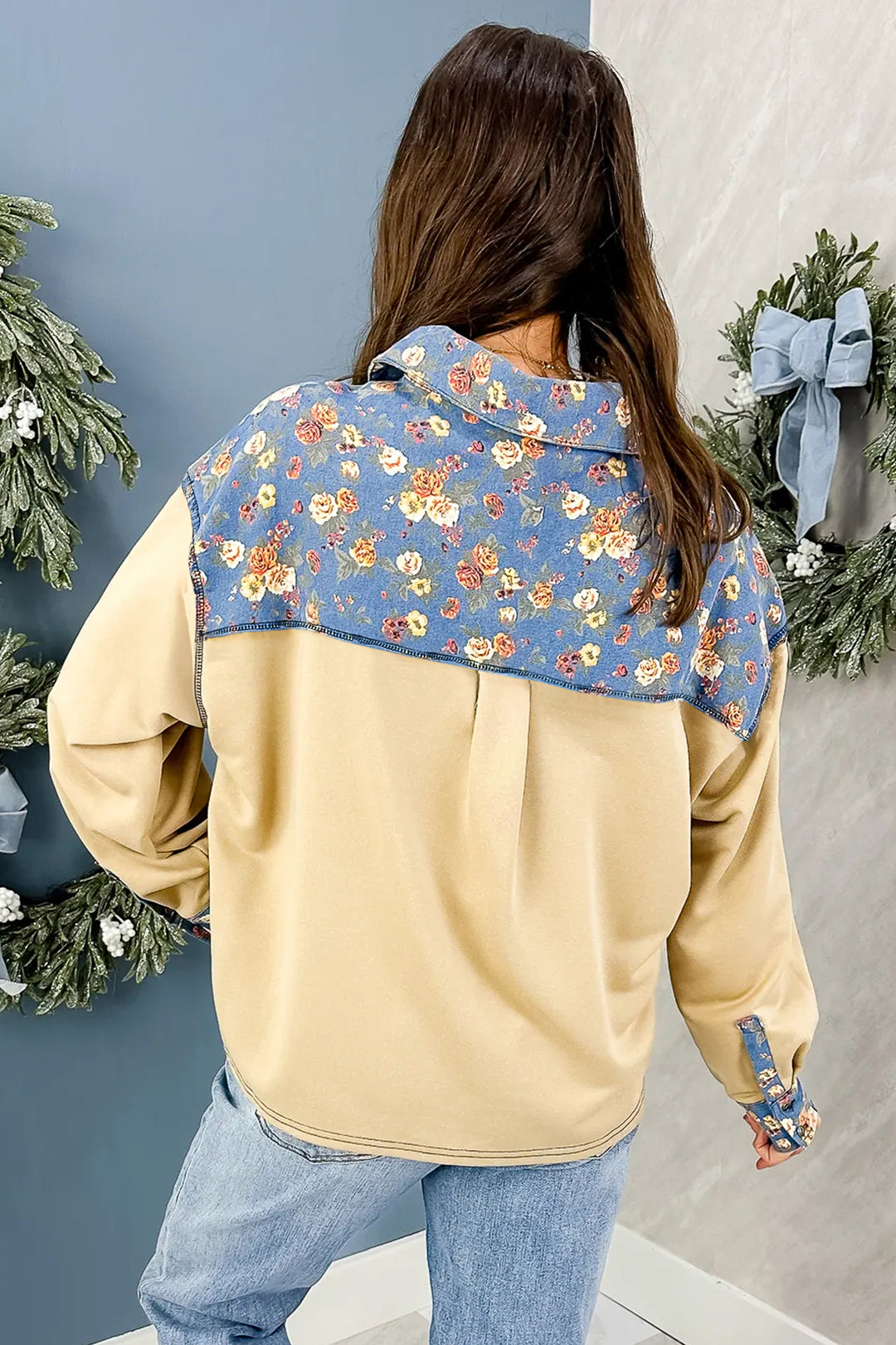 Apricot Floral Denim Patchwork Collar V Neck Long Sleeve Pullover Top