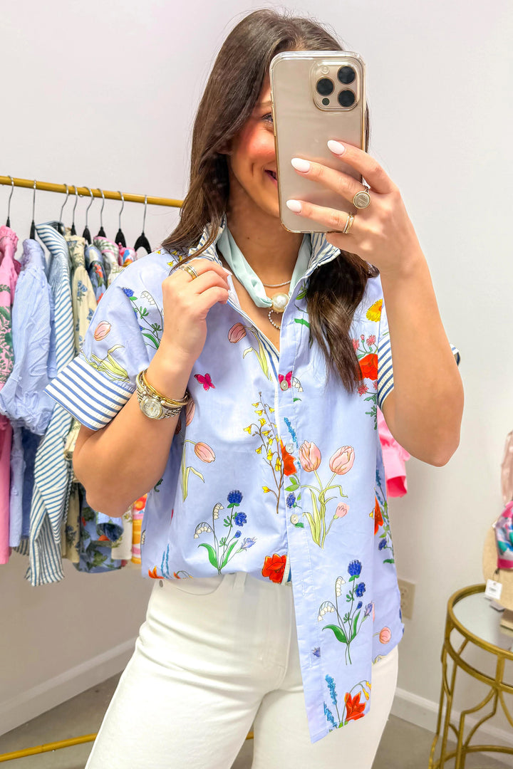 Beige Floral Striped Patchwork Ruffled Collar Short Sleeve Shirt