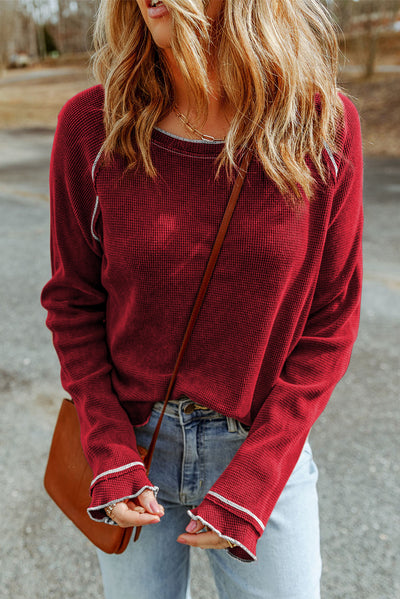 Fiery Red Textured Round Neck Long Sleeve Top