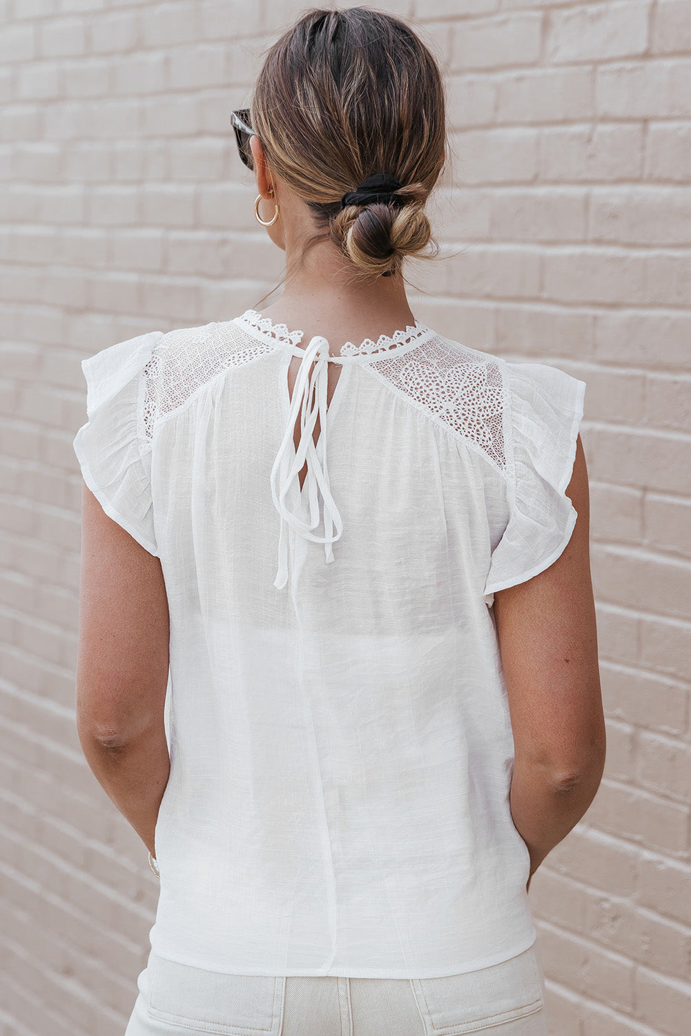 Beige Lace Crochet Patchwork Flutter Sleeve Babydoll Blouse