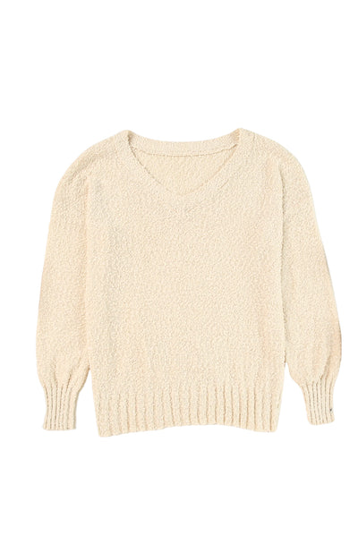 Beige Solid Fuzzy V-Neck Sweater