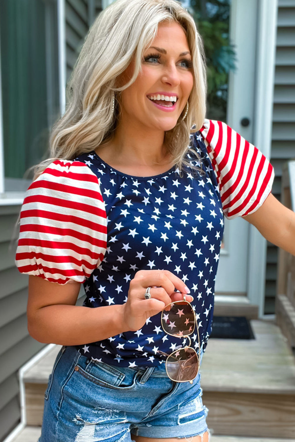 Navy Blue 4th Of July Stars Stripes Puff Sleeve T Shirt