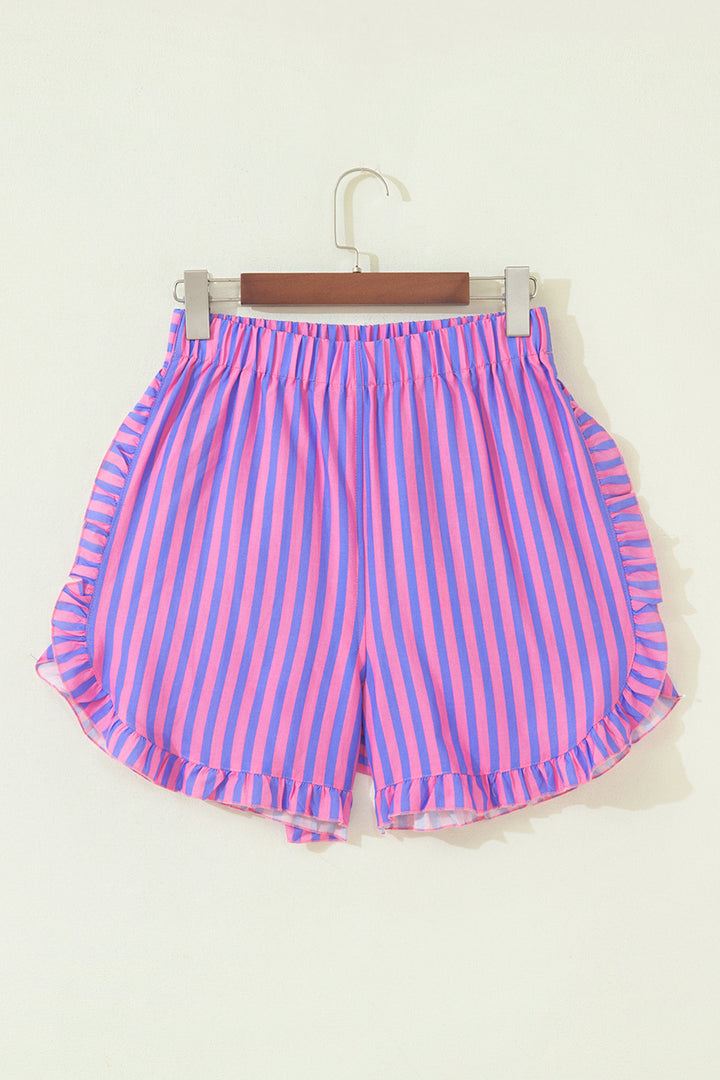 Sky Blue Stripe Elastic Waist Ruffle Trim Casual Shorts