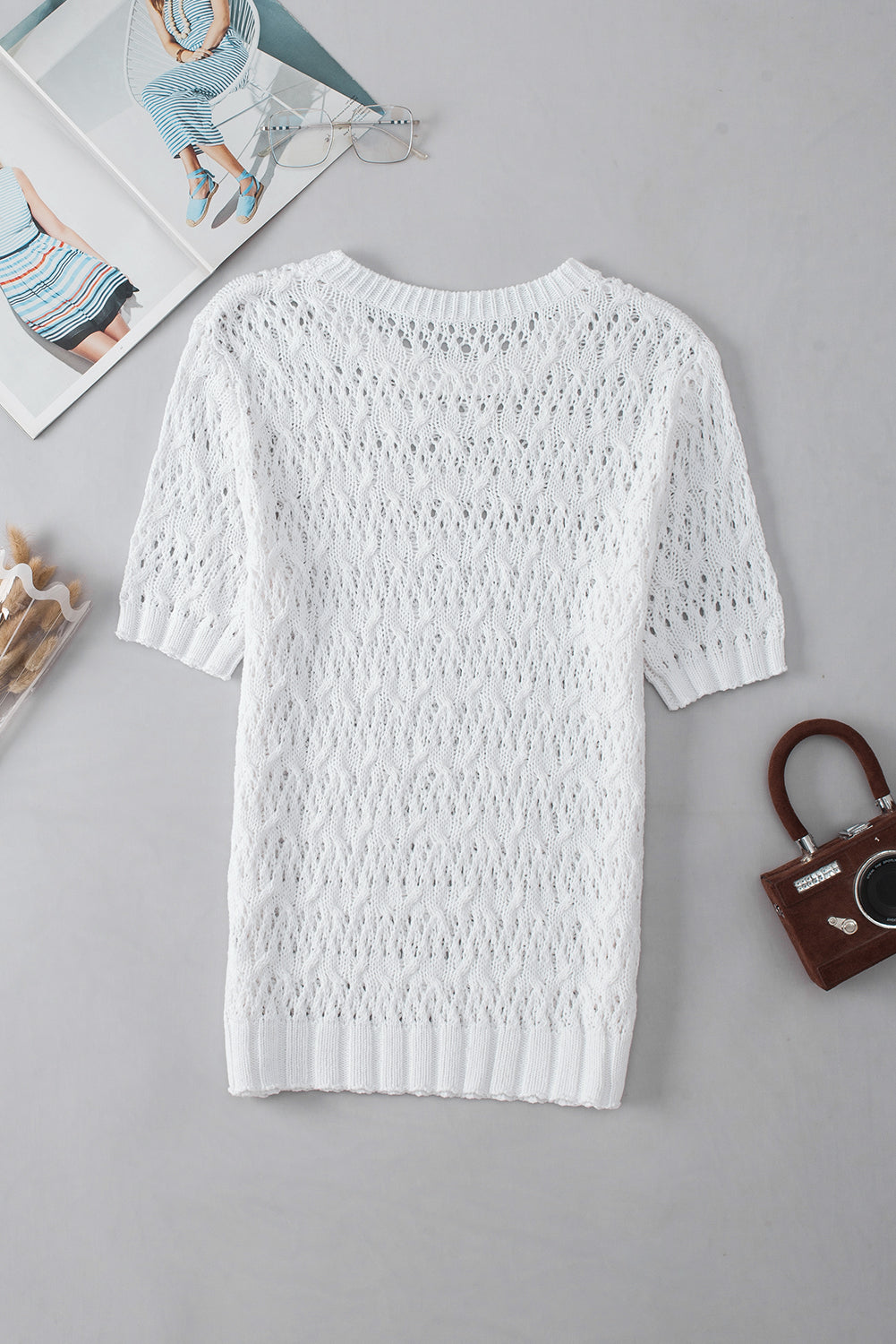 White Hollow-out Textured Half Sleeve Sweater