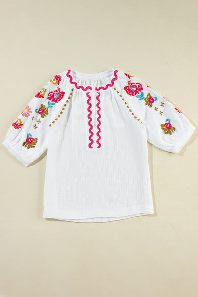 White Floral Embroidered Ricrac Puff Sleeve Textured Blouse