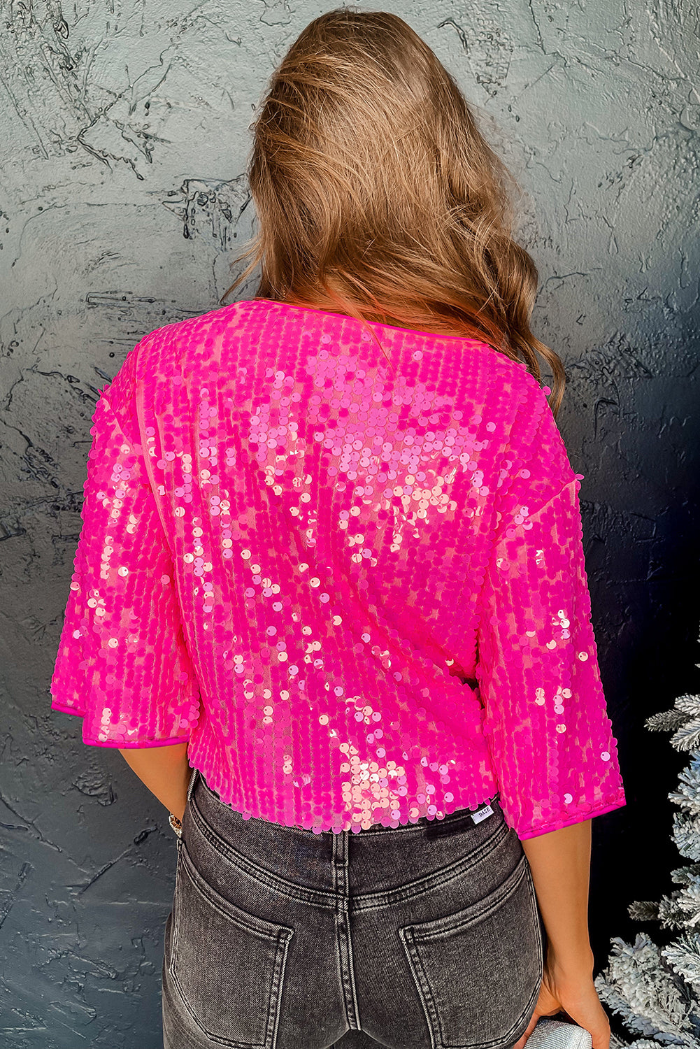 Bright Pink Sequin Round Neck Half Sleeve Top