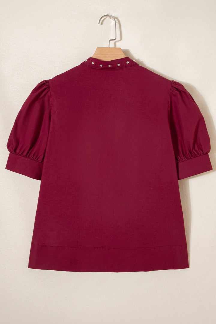 Burgundy Rivet Embellished V Neck Short Puff Sleeve Blouse