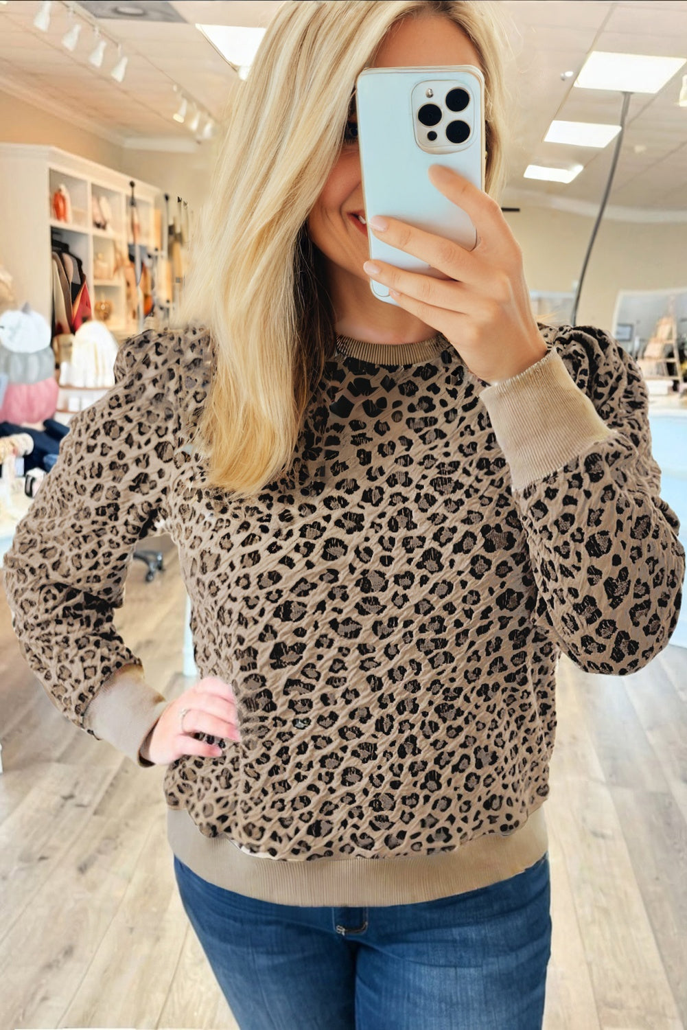 Khaki Leopard Textured Ribbed Trim Plus Size Long Sleeve Top