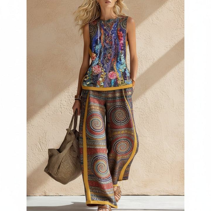 Printed Retro Sleeveless Top &amp; Wide-Leg Pants Set | 12 Prints S–5XL