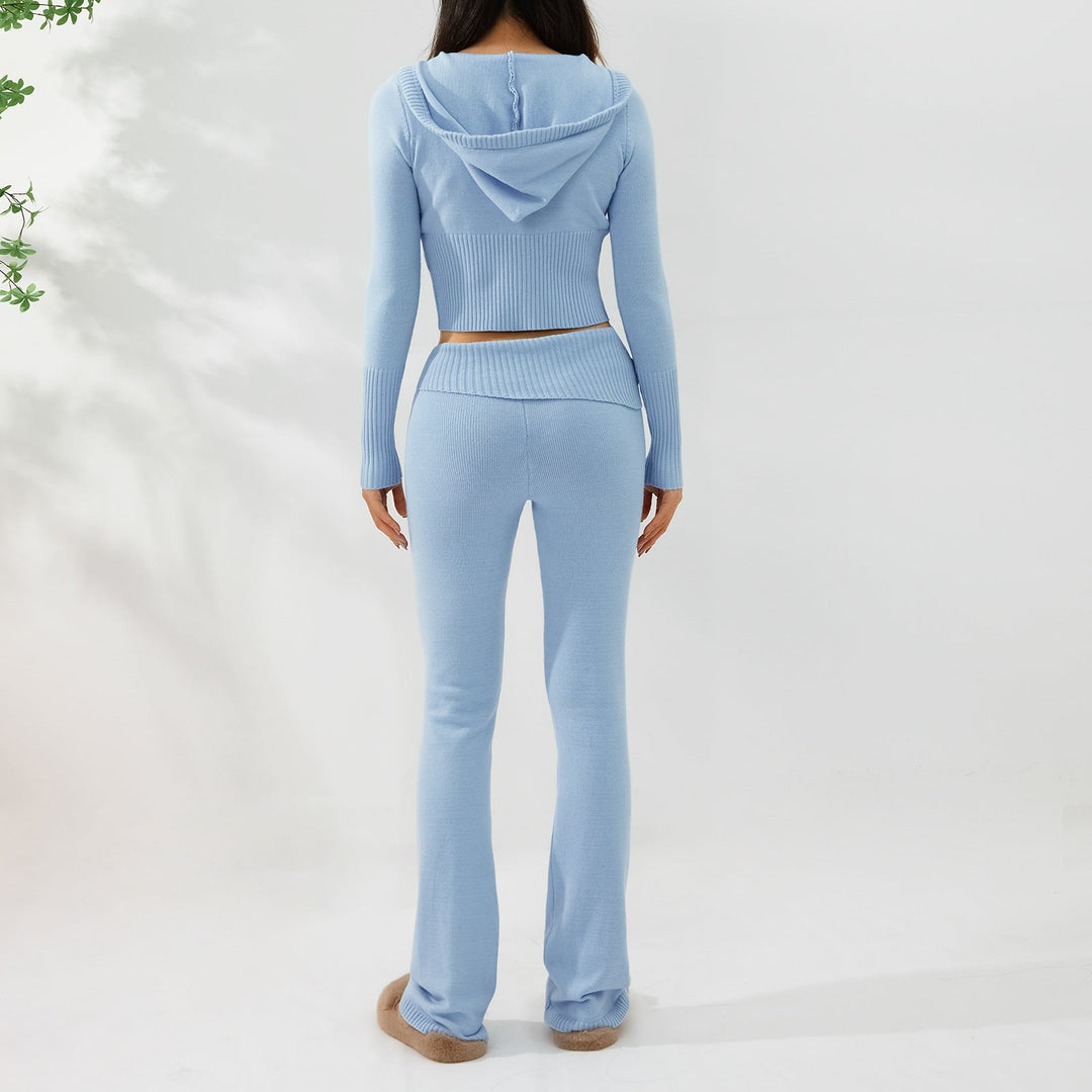 Women’s Knitted Hooded Two-Piece Set – Cardigan &amp; High-Waisted Pants Suit
