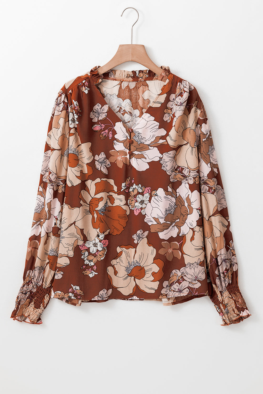 Brown Frilled V Neck Bubble Sleeve Floral Blouse