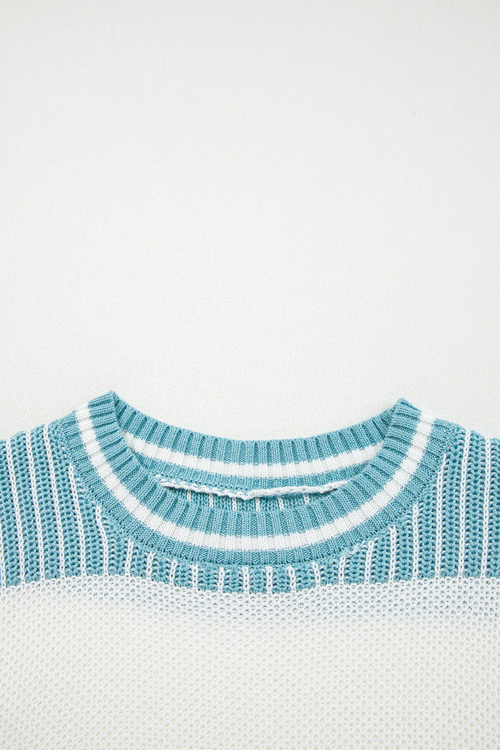 Light Blue Two Tone Striped Patchwork Drop Shoulder Loose Sweater