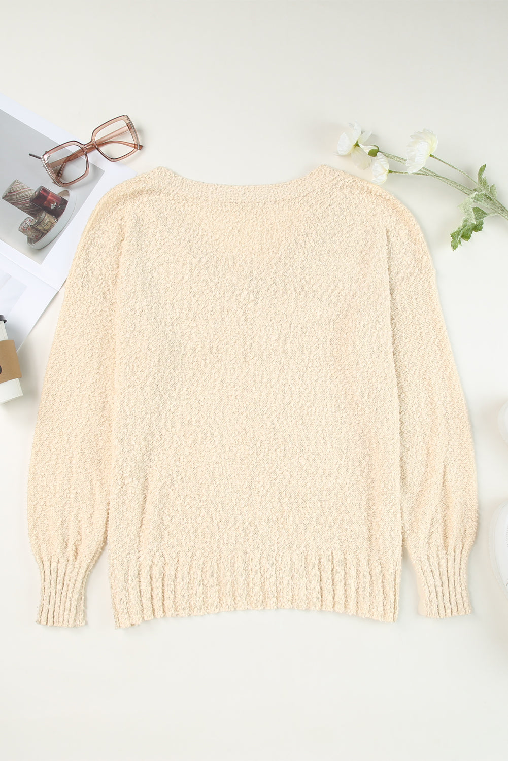 Beige Solid Fuzzy V-Neck Sweater