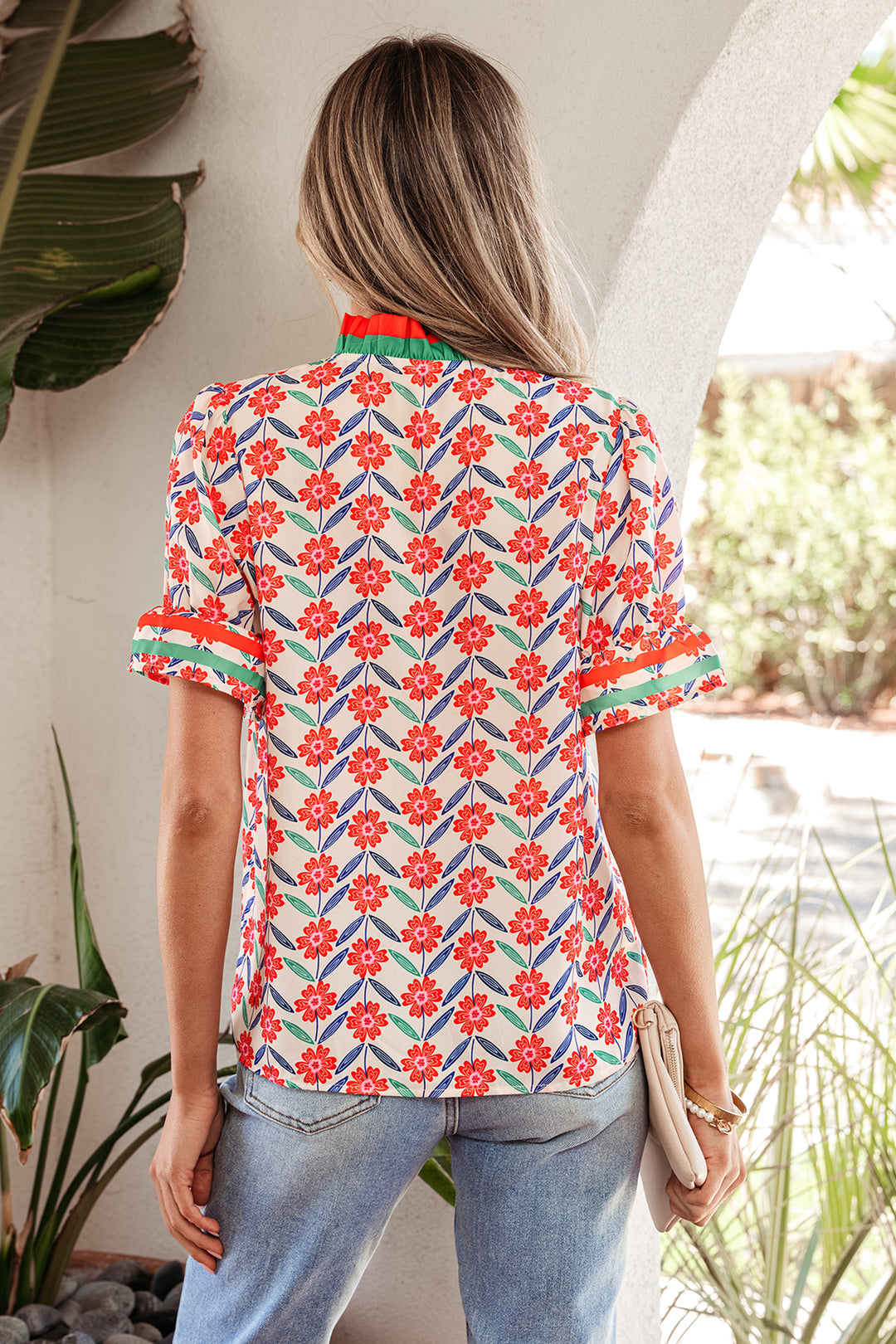 Red Floral Print Striped Detail V Neck Ruffled Short Sleeve Blouse