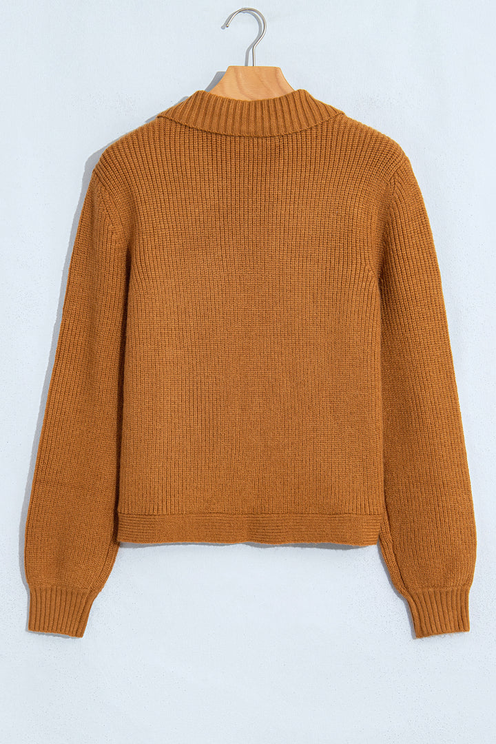 Mustard Ribbed Knit Collar Button Front Long Sleeve Cardigan