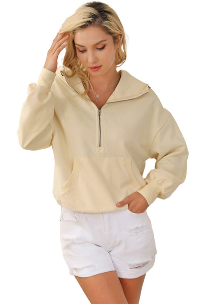 Beige Ribbed Trim Kangaroo Pocket Zipped Hoodie