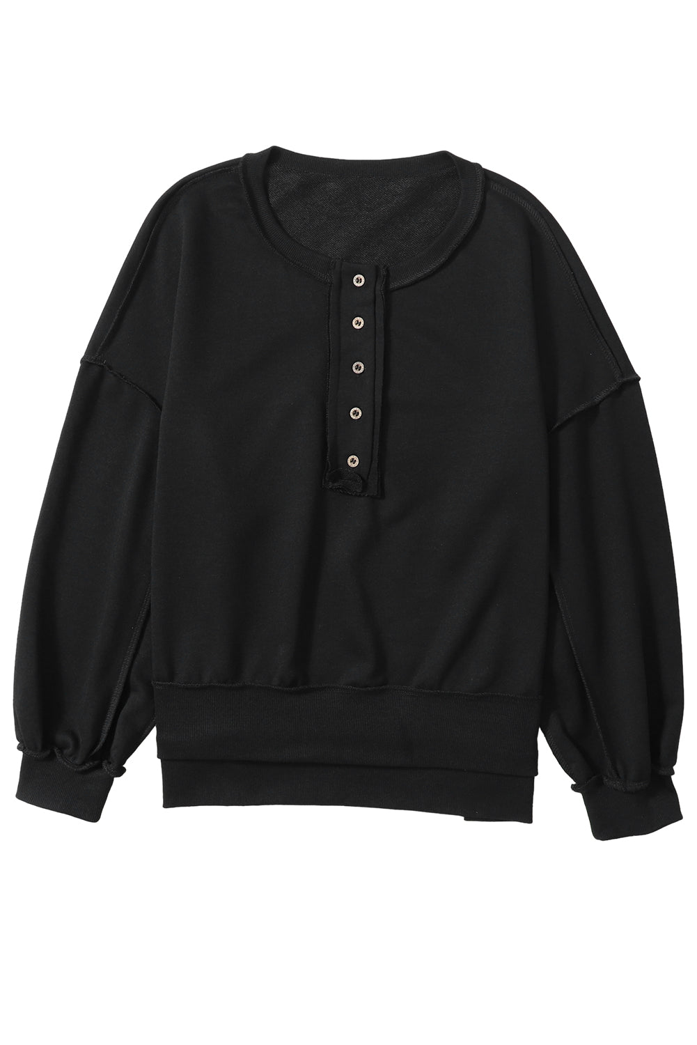 Black Drop Shoulder Henley Buttons Sweatshirt