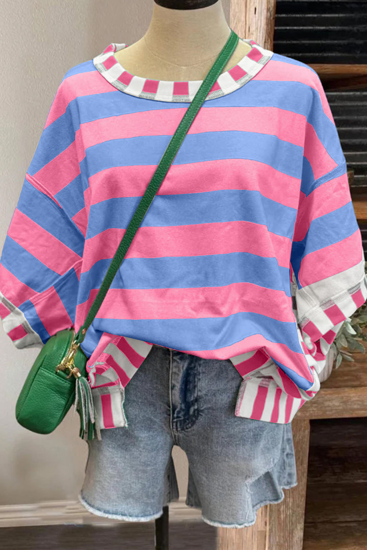 Pink Stripe Exposed Seam Contrast Patchwork Oversized Top